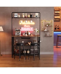 homfan 42 Inch Industrial Bar Table with Storage Power Outlet 2 Stools 3 Baker Rack 5 Hooks Microwave Stand Annual Rings Finish