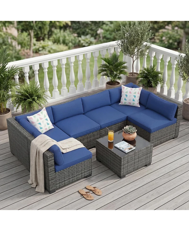 homfan 7-Piece Outdoor Sectional Set with Pe Rattan Wicker, Thick Cushions and Tempered Glass Coffee Table, Modular Patio Seating