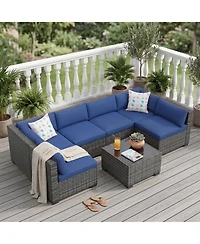 homfan 7-Piece Outdoor Sectional Set with Pe Rattan Wicker, Thick Cushions and Tempered Glass Coffee Table, Modular Patio Seating