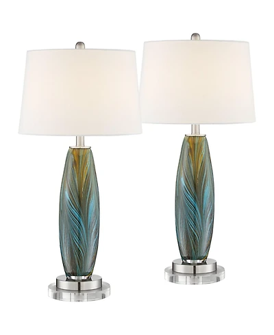 360 Lighting Modern Table Lamps Set of 2 with Round Riser 30 1 /2 Tall Art Glass Fabric Drum Shade for Bedroom Living Room Home