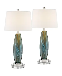 360 Lighting Modern Table Lamps Set of 2 with Round Riser 30 1 /2 Tall Art Glass Fabric Drum Shade for Bedroom Living Room Home
