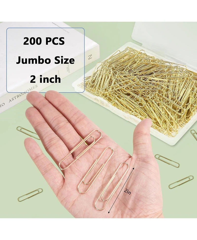 Danrong 200pcs Jumbo Paper Clips 2 Inch, Large Stainless Steel Golden Paperclips for Office School Home