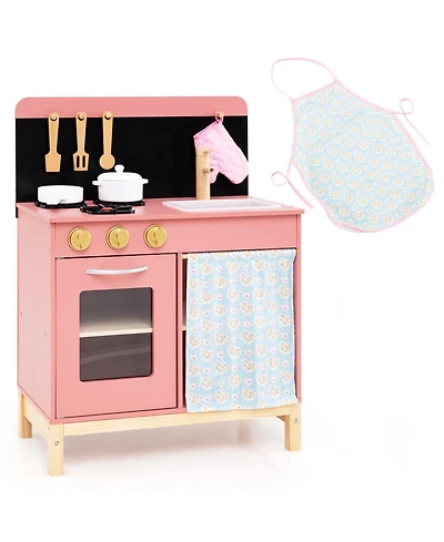 Slickblue Kids Wooden Pink Kitchen Playset with Door Curtain Pretend Play