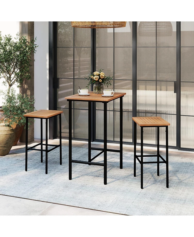 Slickblue Outdoor Bar Set 3 Piece Acacia Wood Table with Metal Frame