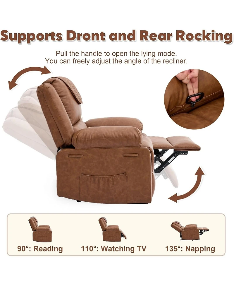 gaomon Oversized Pu Leather Manual Recliner with Vibration, Heating and Side Pocket. Perfect for Living Room or Bedroom