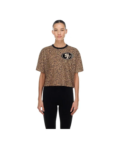 New Era Women's Brown San Francisco 49ers Mom Me Leopard Boxy Cropped T-Shirt