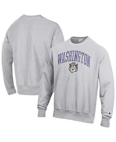 Champion Men's Gray Washington Huskies Distressed Arch Over Logo Reverse Weave Crew Neck Sweatshirt