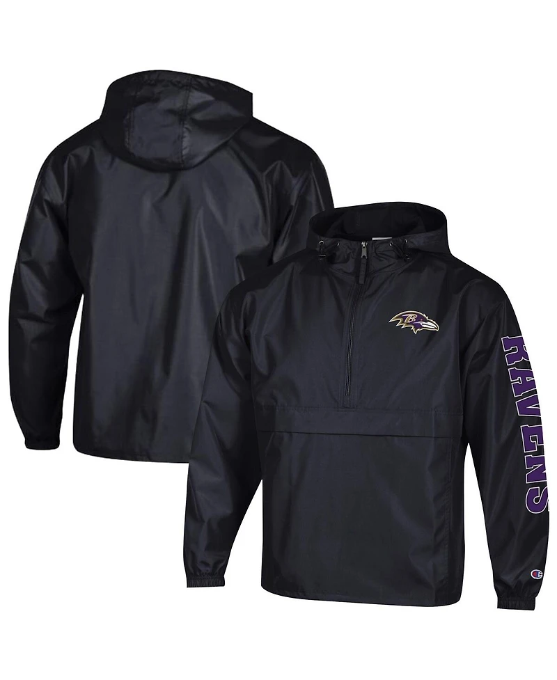 Champion Men's Black Baltimore Ravens Packable Hooded Windbreaker Half-Zip Jacket