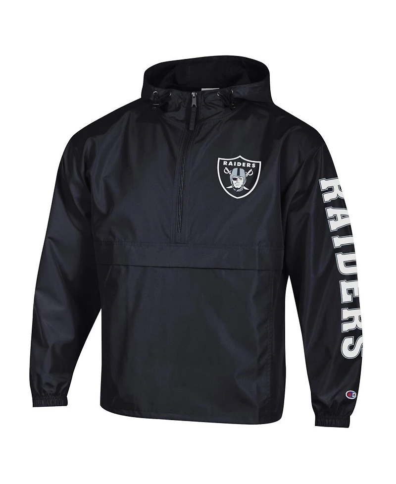Champion Men's Black Las Vegas Raiders Packable Hooded Windbreaker Half-Zip Jacket