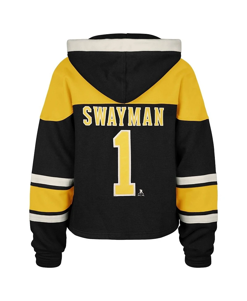 '47 Brand Women's Jeremy Swayman Black Boston Bruins Superior Lacer Cropped Pullover Hoodie