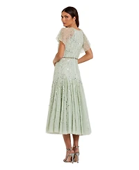 Mac Duggal Women's Enbellished Bow Flutter Sleeve A Line Midi Dress