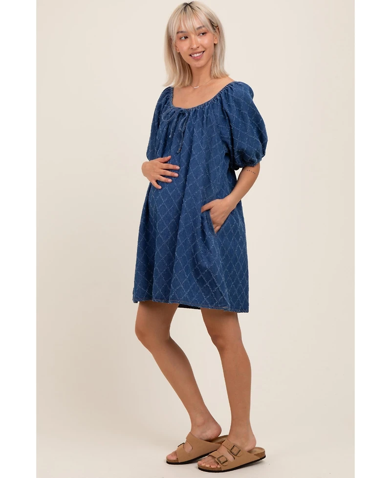 Pinkblush Maternity Navy Chambray Jacquard Puff Sleeve Mini Dress