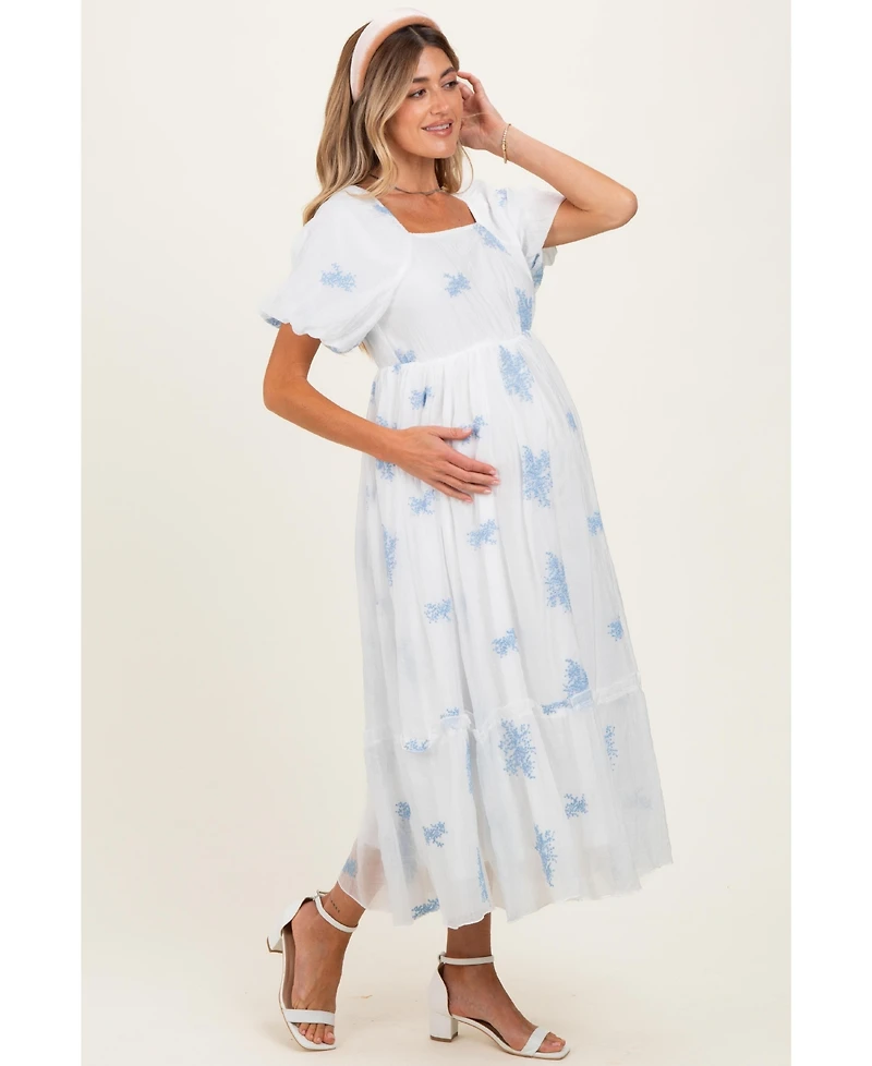 Pinkblush Maternity Blue Floral Print Ruffle Hem Midi Dress