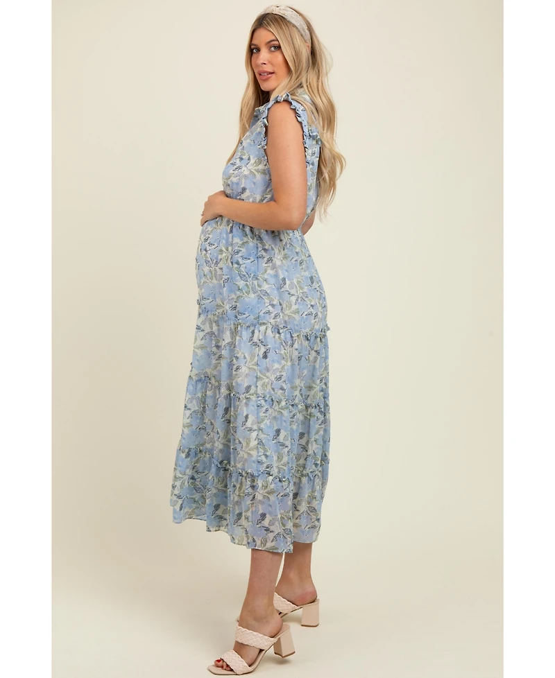 Pinkblush Maternity Blue Floral Print Frilled Pocketed Midi Dress