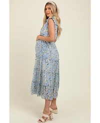 Pinkblush Maternity Blue Floral Print Frilled Pocketed Midi Dress