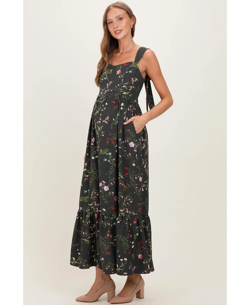 Pinkblush Maternity Forest Green Floral Bow Strap Maxi Dress