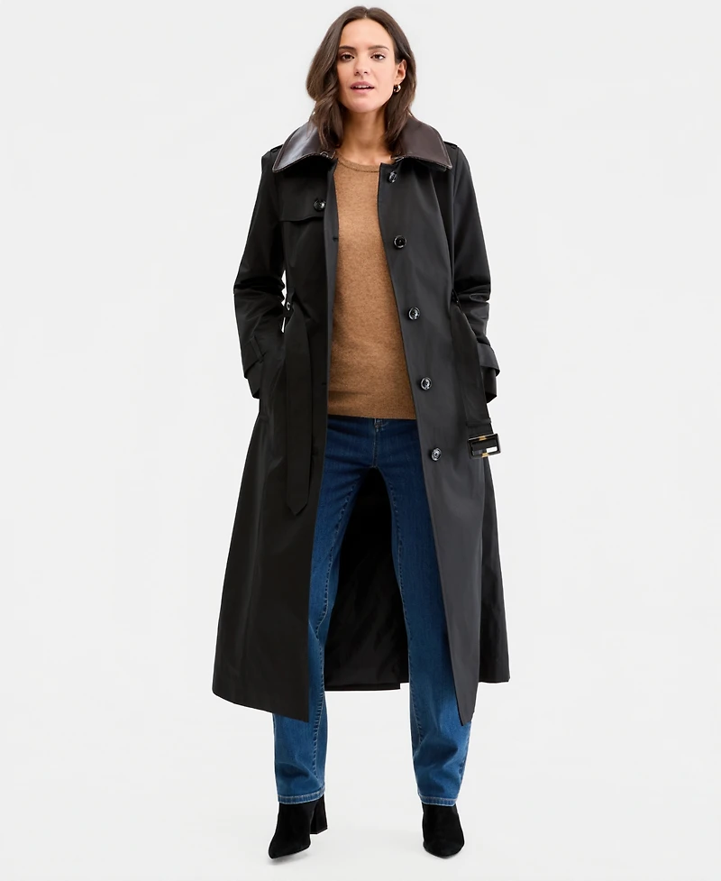 London Fog Women's Faux-Leather-Collar Maxi Trench Coat