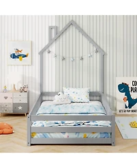 Sugift Twin Size Montessori Floor Bed with Lockable Door and Full-Length Guardrail