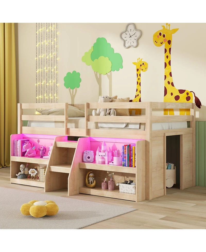 Sugift Twin Size Loft Bed with Led Lights with Staircase and Safety Guardrail