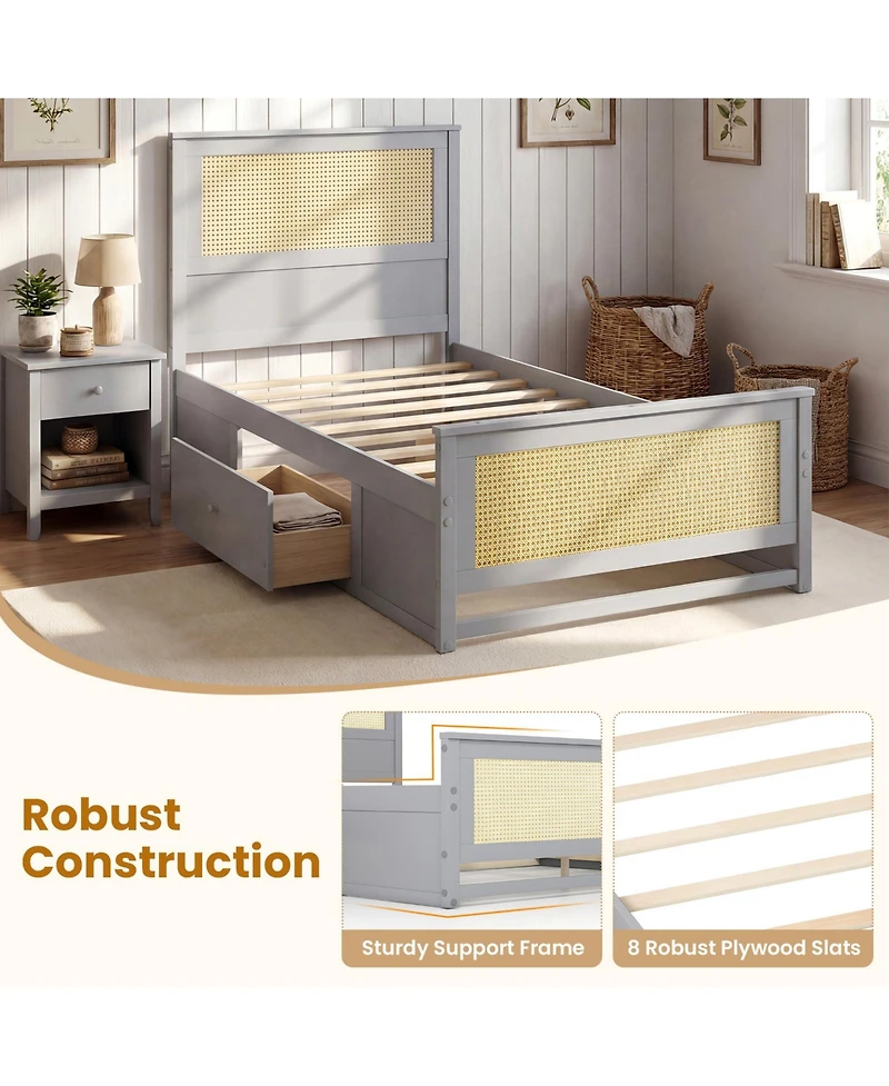 Sugift Twin Size Rattan Bed Frame with Storage Drawers