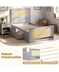 Sugift Twin Size Rattan Bed Frame with Storage Drawers