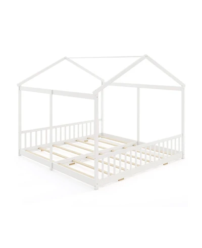 Sugift Double Floor Bed for Twins House Beds with Safety Guardrails for 2 Kids