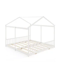 Sugift Double Floor Bed for Twins House Beds with Safety Guardrails for 2 Kids