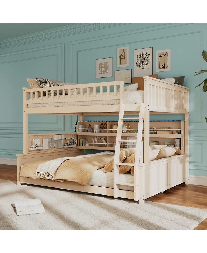 Streamdale Furniture Full Xl over Queen Bunk Bed with Shelving, Lights & Pegboard