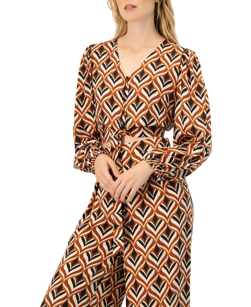 Ivonne Women's V-Neck Geometric Print Blouse with Bottom Tie