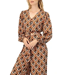 Ivonne Women's V-Neck Geometric Print Blouse with Bottom Tie