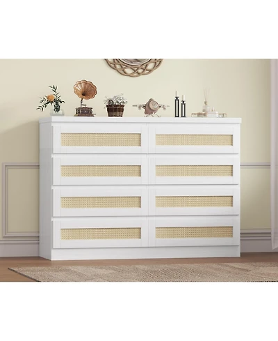 gaomon 8 Drawer Rattan Dresser for Bedroom, Double Wood Chest of Drawers Tv Stand