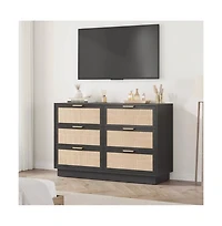 gaomon Rattan 6 Drawer Dresser with Metal Handles, 47" Wide Double Storage Chest for Bedroom Home Office