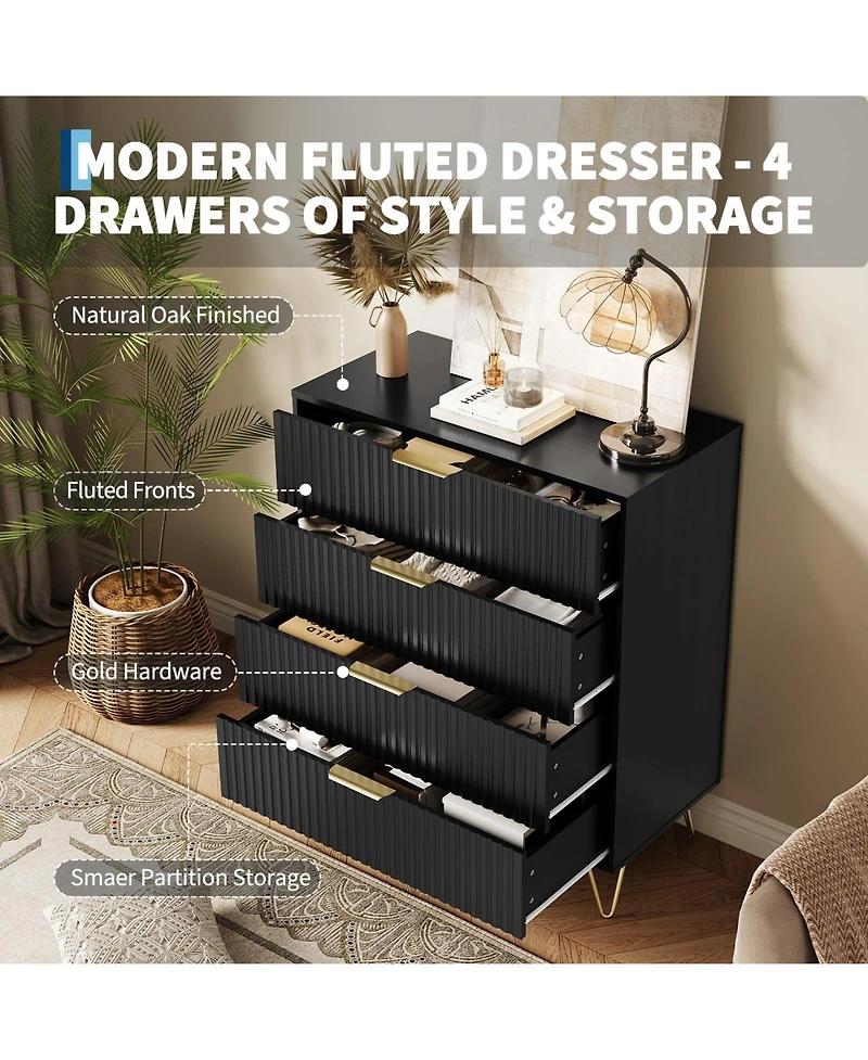 gaomon Fluted 4 Drawer Dresser for Bedroom Wide Wood Chest with Metal Handles Storage Cabinet