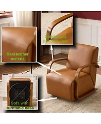 Streamdale Furniture Faux Leather Swivel Accent Chair with Solid Wood Armrests