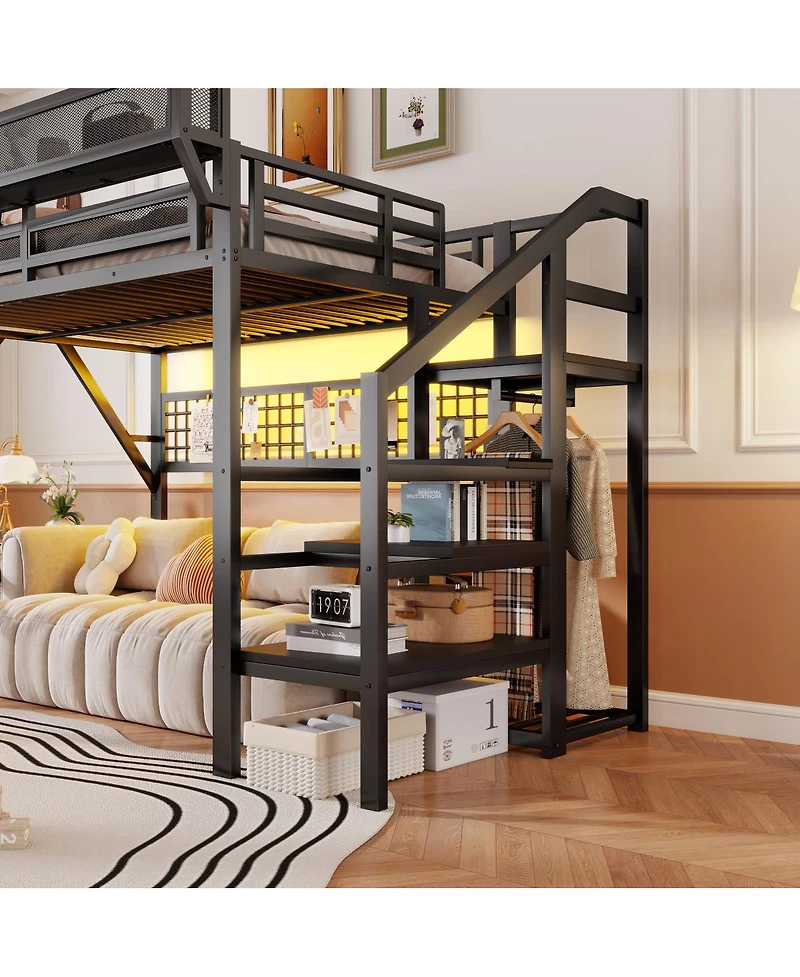 Streamdale Furniture Metal Full Loft Bed with Stairs, Light and Storage