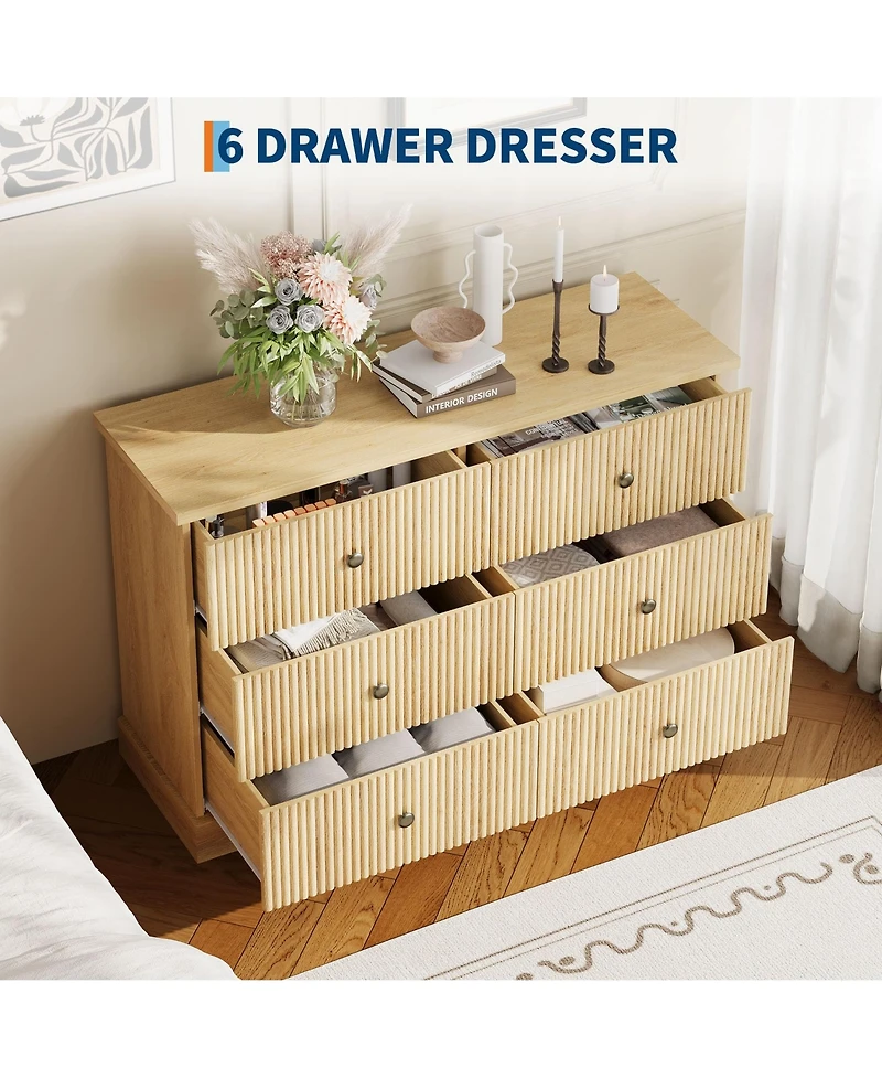 gaomon 6 Drawer Fluted Dresser Wide Modern Wood Storage Chest with Metal Handles for Bedroom Apartment