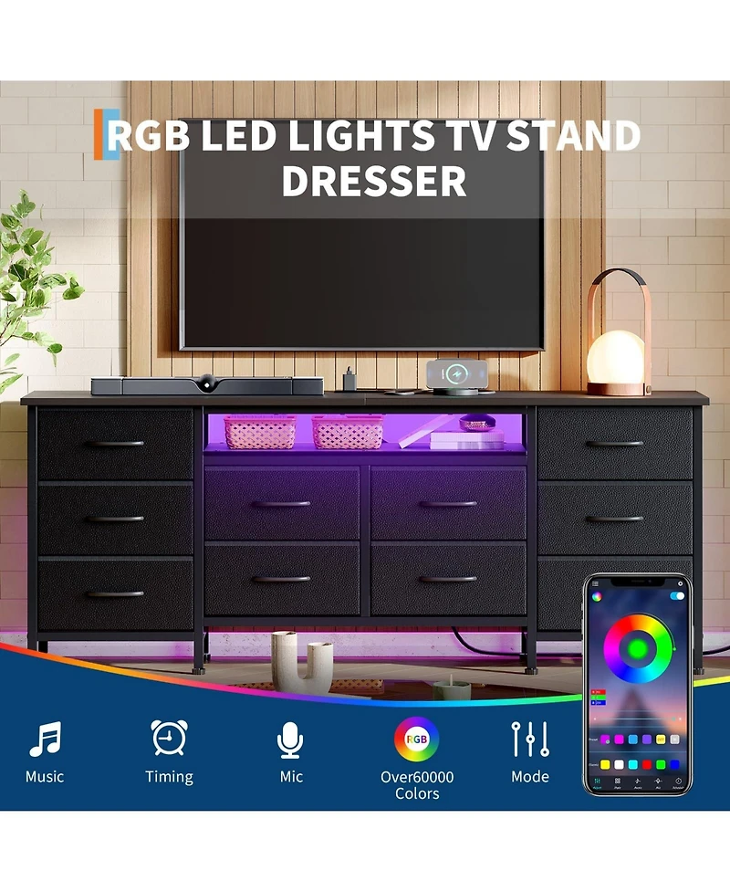 gaomon Tv Stand Dresser with 10 Fabric Drawers for TVs, Entertainment Center with Led Lights and Power Outlets