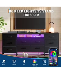 gaomon Tv Stand Dresser with 10 Fabric Drawers for TVs, Entertainment Center with Led Lights and Power Outlets