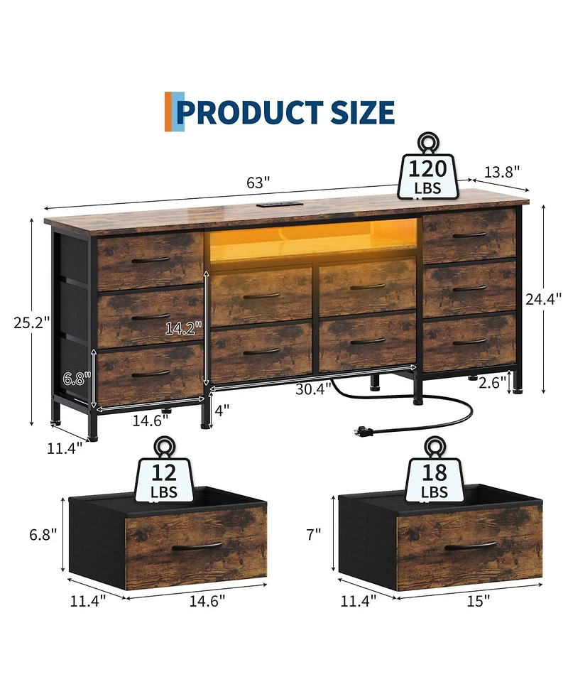 gaomon Tv Stand Dresser with 10 Fabric Drawers for TVs, Entertainment Center with Led Lights and Power Outlets