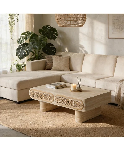 Streamdale Furniture Solid Wood Coffee Table with Flower Drawer