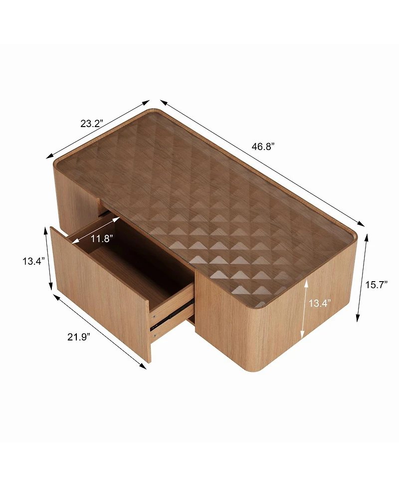 Streamdale Furniture Mid-Century Modern Glass Top Coffee Table with Storage