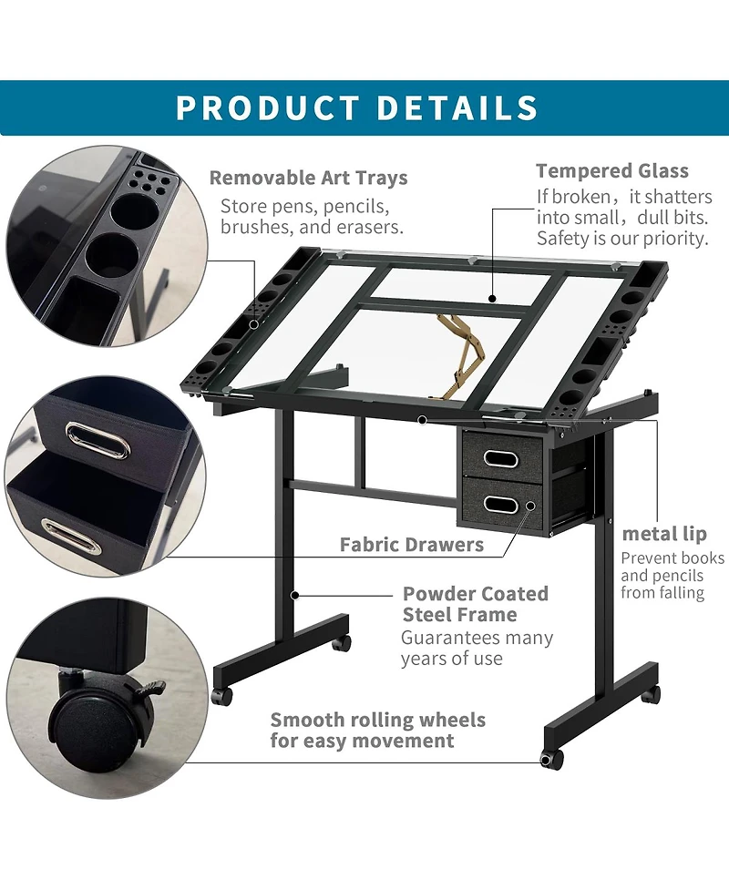Streamdale Furniture Adjustable Art Desk With 2 Drawers and 4 Wheels