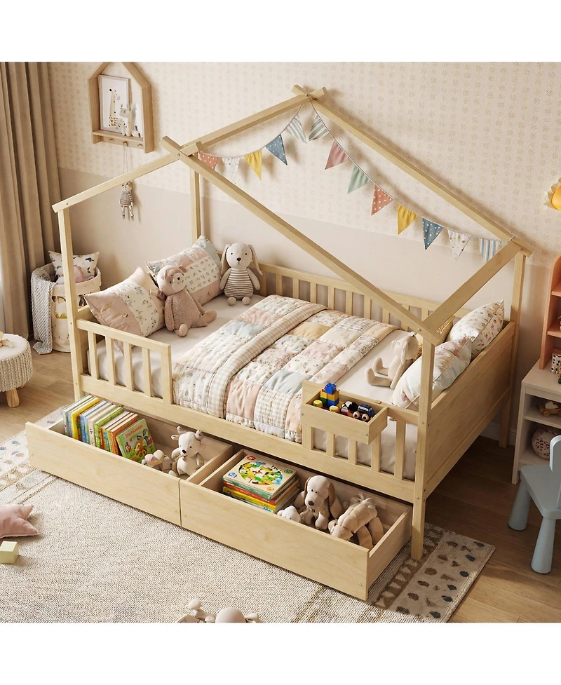Slickblue Kids Full House Bed Frame with Roof and Safety Rails