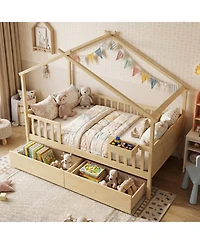 Slickblue Kids Full House Bed Frame with Roof and Safety Rails