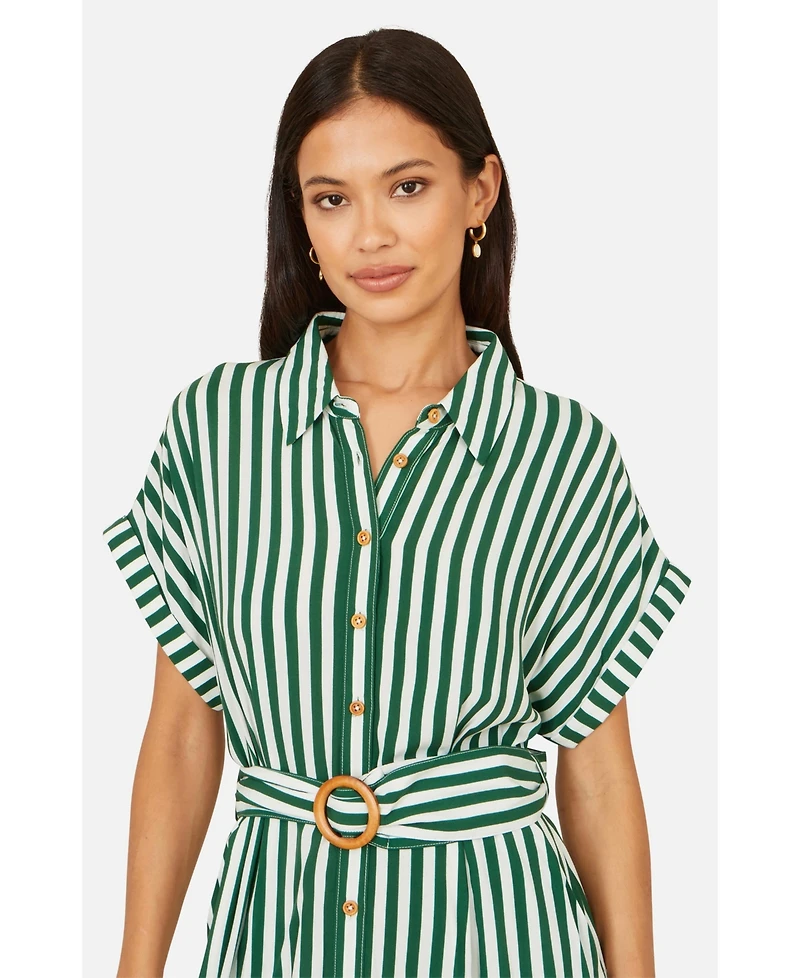 Yumi Women's Stripe Print Belted Midi Shirt Dress