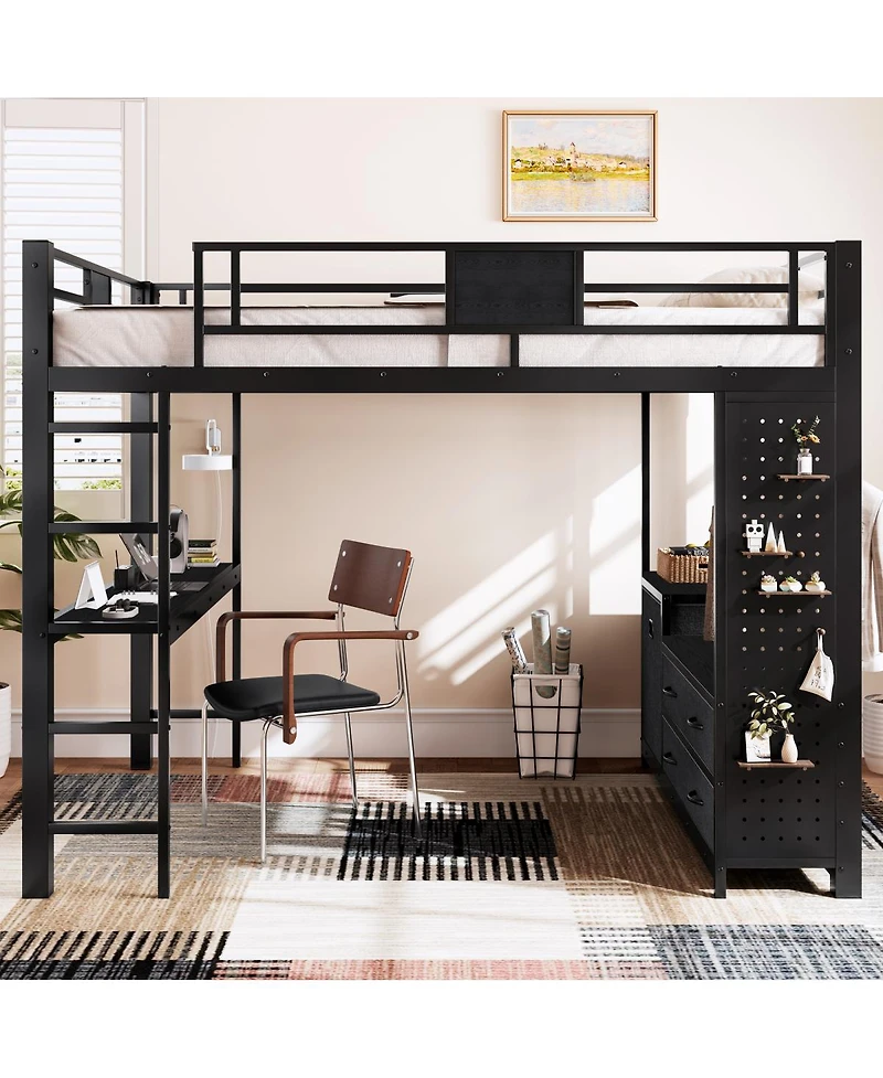 Streamdale Furniture Queen Loft Bed w/ Desk, Shelves, Pegboard, Laundry Bag