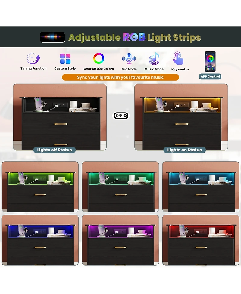 gaomon 5-Drawer Wooden Dresser with Led Lights and Power Outlet, Modern Closet Storage Cabinet for Bedroom, Living Room