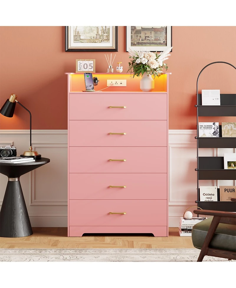 gaomon 5-Drawer Wooden Dresser with Led Lights and Power Outlet, Modern Closet Storage Cabinet for Bedroom, Living Room