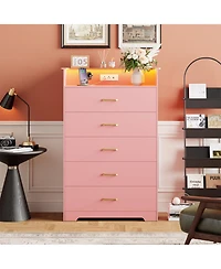 gaomon 5-Drawer Wooden Dresser with Led Lights and Power Outlet, Modern Closet Storage Cabinet for Bedroom, Living Room