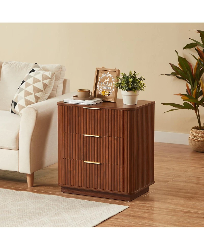 Streamdale Furniture Walnut 3-Drawer Nightstand, 23.6 inches W Curved Wave Design.
